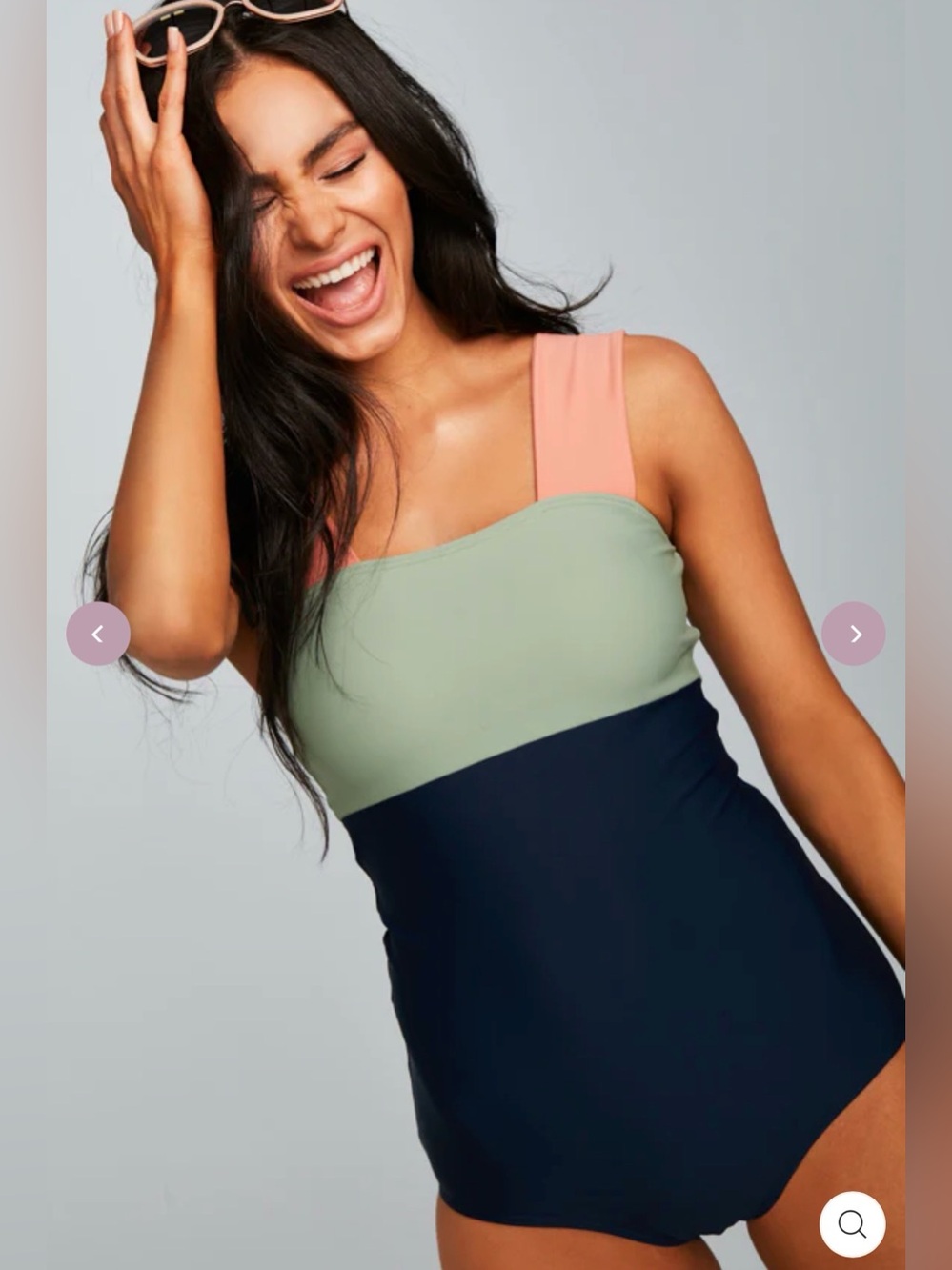 Square Neck Colorblock One-Piece Swimsuit in Navy, Sage & Coral, Large